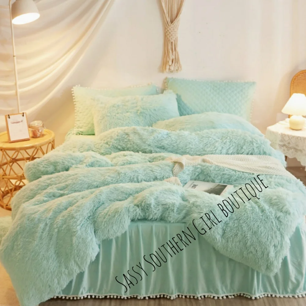 🆕⭐Mint green Aqua shaggy duvet cover set